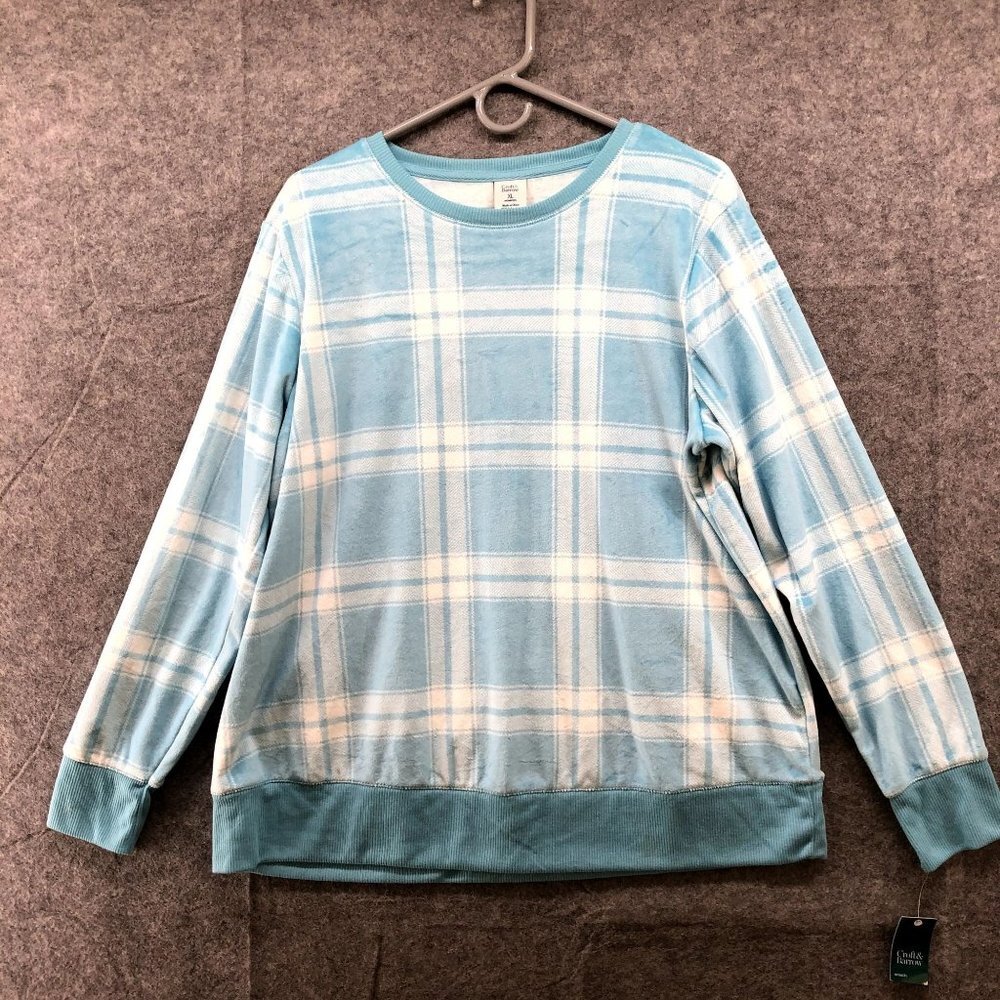 NWT Croft & Barrow Plush Lounge‎ Sweatshirt Womens XL Blue White Plaid Pajama